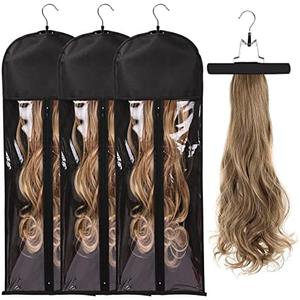 1PCS Extra Long Hair Extension Storage Bag Hairpieces Storage Holder with Wooden Hanger Dust-proof Portable Suit with Transparent Zip Up Closure- Light weight, Waterproof and Portable (Black)