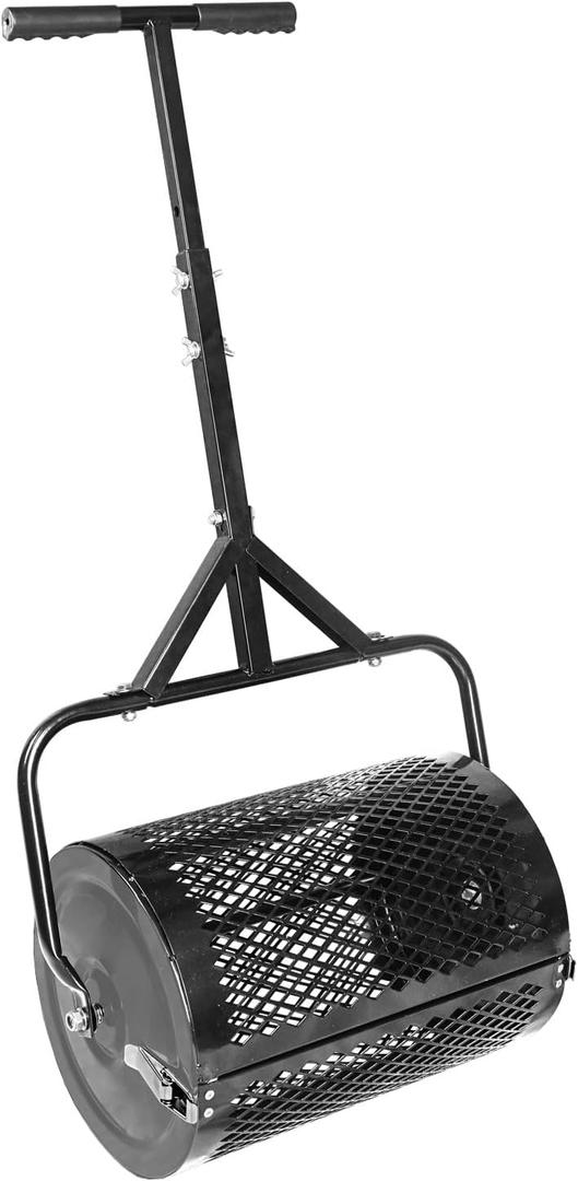 MAKEATREE 16 Inch Compost Spreader and Peat Moss Spreader, 16" Lawn and Garden Roller with Adjustable Handle, Steel Mesh Basket for Spreading Manure, Top Soil, Black