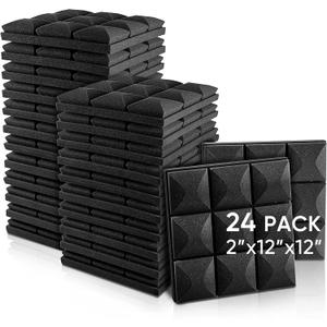 Fstop Labs Acoustic Foam Panels, 24 Pack Black 2'' X 12" X 12" Mushroom Studio Wedge Tiles, Sound Panels Sound Proof Foam Panels Sound Proofing Padding For Wall