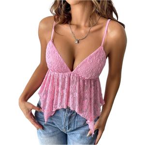 SOLY HUX Women's Sexy Y2k Camisole Lace V Neck Crop Top Summer Going Out Sleeveless Cami Tops Plain Pink, Small