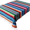 AerWo Mexican Tablecloth 60 x 85, Mexican Serape Blanket with Tassels for Fiesta Party Cinco De Mayo Decorations, Rectangle Woven Stripe Tablecloth, Outdoor Picnic Blankets Dining Table Cover (Blue)
