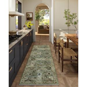 Washable Runners for Hallways Kitchen Rugs: 2'x6' Runner Rug Stain Resistant Non Slip Low Pile Soft Carpet Runners for Hallways Bedroom Kitchen Entryway Indoor Laundry Room Farmhouse (Green and Beige)