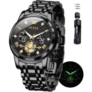 OLEVS Mens Watches Chronograph Watch Luxury Dress Stainless Steel Waterproof Watches for Men Moon Phase Luminous Business Calendar Wrist Watch, 2856 All Black Face/Black Band