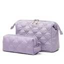 BOYATU Travel Makeup Bag Cosmetic Pouch: 2 Pcs Set Waterproof Vegan Leather Cosmetic Bags for Women - Cute Quilted Skincare Make up Toiletry Bag for Girl (03-Purple)