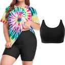 Inno Women's Plus Size 3 Piece Rash Guard Set with Bra Swimsuits Short Sleeve with Boyshorts UPF 50+ Surfing Swimwear, Floral with Bra, 6X