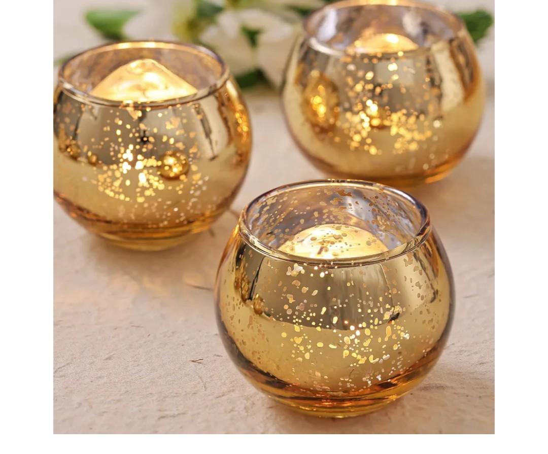 Volens 24PCS Gold Votive Candle Holders for Table Centerpieces, Round Mercury Glass Candle Holders Bulk for Wedding, Birthday, Anniversary, Parties, and Holiday Decorations