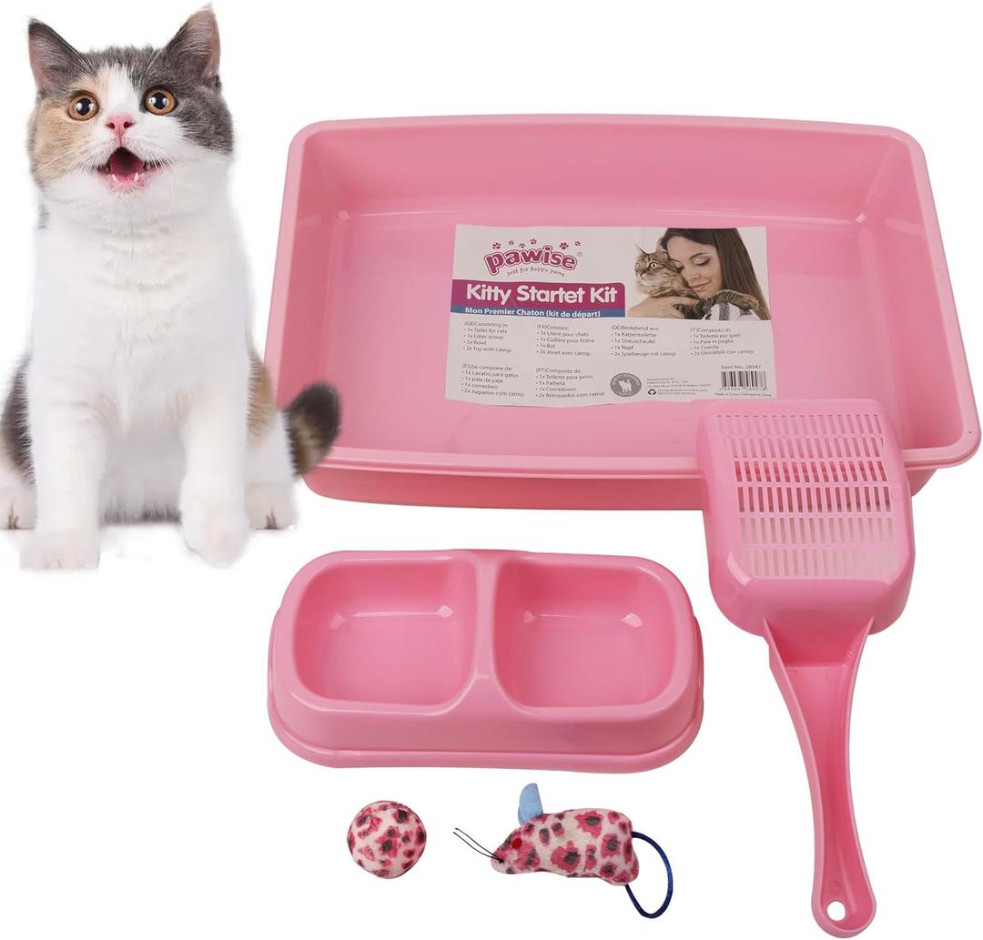 PAWISE Small Cat Litter Box, Kitten Litter Box Starter Kit, Low Entry Baby Kitten Training Litter Box with Scoop, Bowls, Cat Mouse Toy and Cat Ball Toy, First Catty Owner Essentials(Pink)