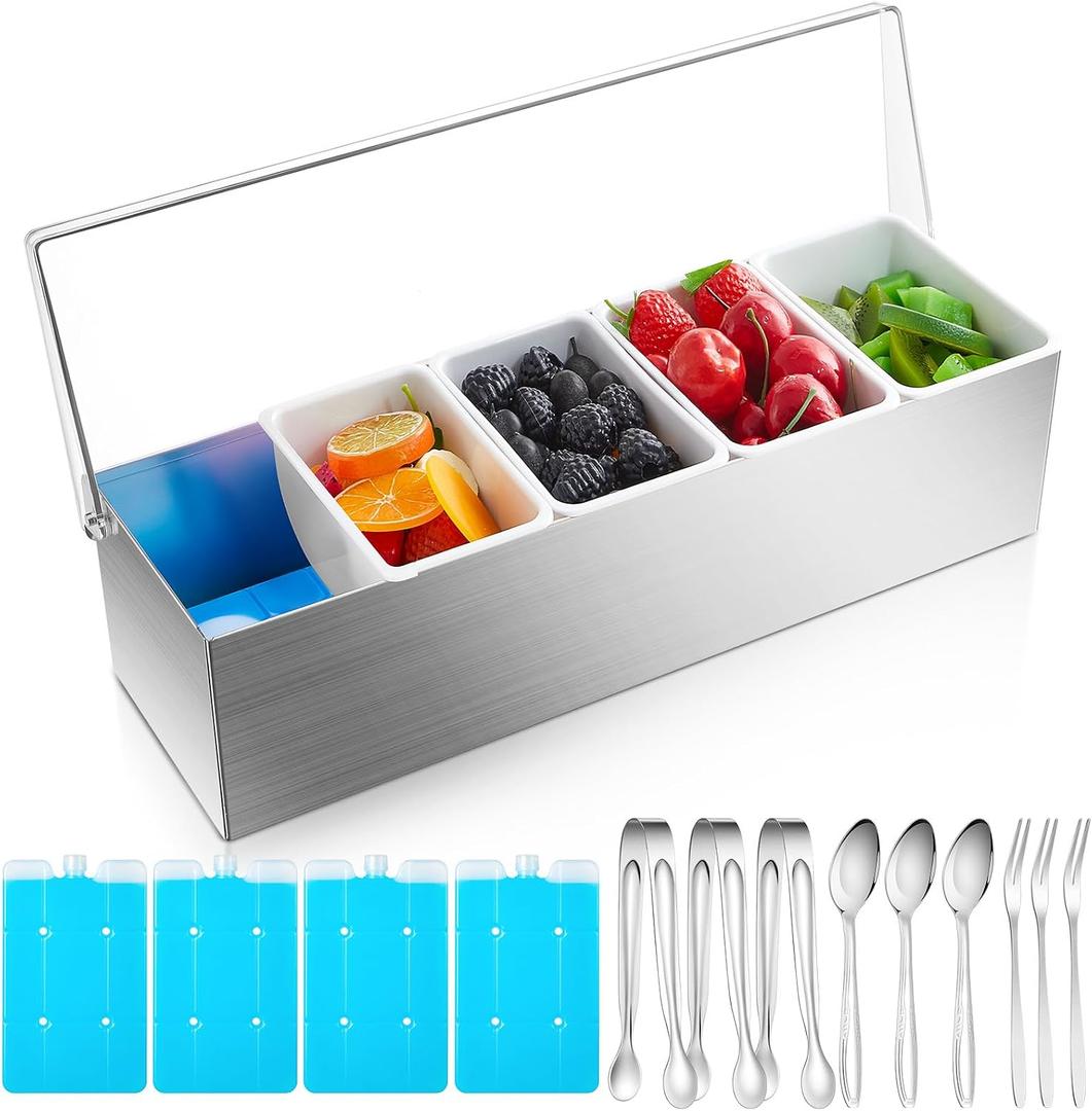 Mifoci 1 Pack Stainless Steel Chilled Condiment Server 5 Removable Slot Toppings Containers with Lid and Bottom Ice Bar Garnish Tray with 9 Silverwares 4 Ice Boxes for Christmas Party, Events and Bar, as shown in the picture
