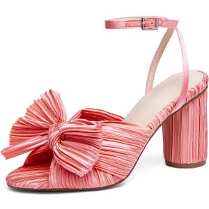 VETASTE Women's Bow Knot Heeled Sandals Bridal Wedding Open Toe Ankle Strap Chunky Heels, Size 7.5