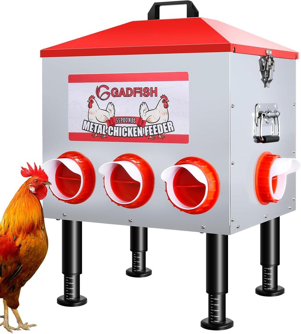 GADFISH 55 lbs65 lbs Large Capacity Automatic Chicken Feeder - 8 Feeding Ports, No Waste Chicken Feeder, Height-Adjustable Legs & Secure Locking Lid for Chickens, Ducks & Poultry