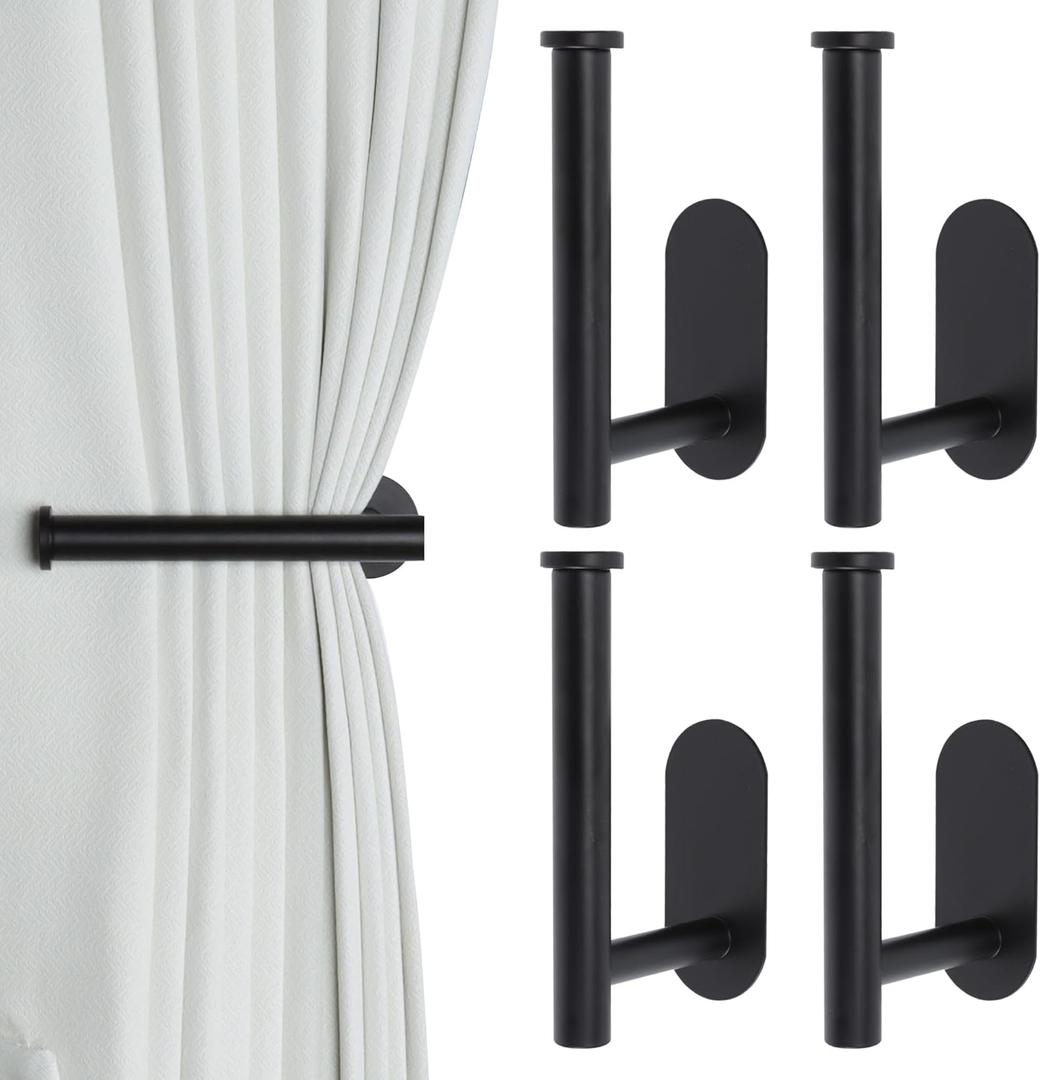 Adhesive Curtain Holdbacks - 4 Pack No Drill Tie Backs Hooks for Drapes, Damage-Free Wall Mounted Curtain Holders with Strong Adhesive (Black)