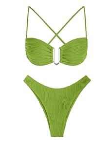 ZAFUL Women Bikini Sets Ribbed Texture U Metal Criss Cross High Cut Swimsuit Back Tie Bathing Suit with Cheeky Thong Bottoms (Large, Green)