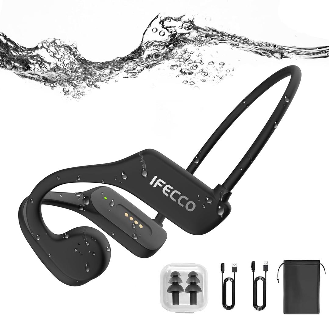 IFECCO Bone Conduction Headphones Swimming - IP68 Waterproof Headphones for Swimming Bluetooth 5.3,Wireless Open Ear Underwater Earbuds with 32G Mp3 Built-in Mic for Sport Running Cycling (Black)