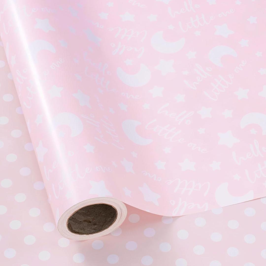 RUSPEPA Reversible Wrapping Paper Roll, Jumbo Roll, Baby Girl Pink and Dots Pattern for Baby Boy or Neutral Gift Wrapping, Kids' Birthday Party and Baby Shower, 30 Inches X 32.8 Feet 