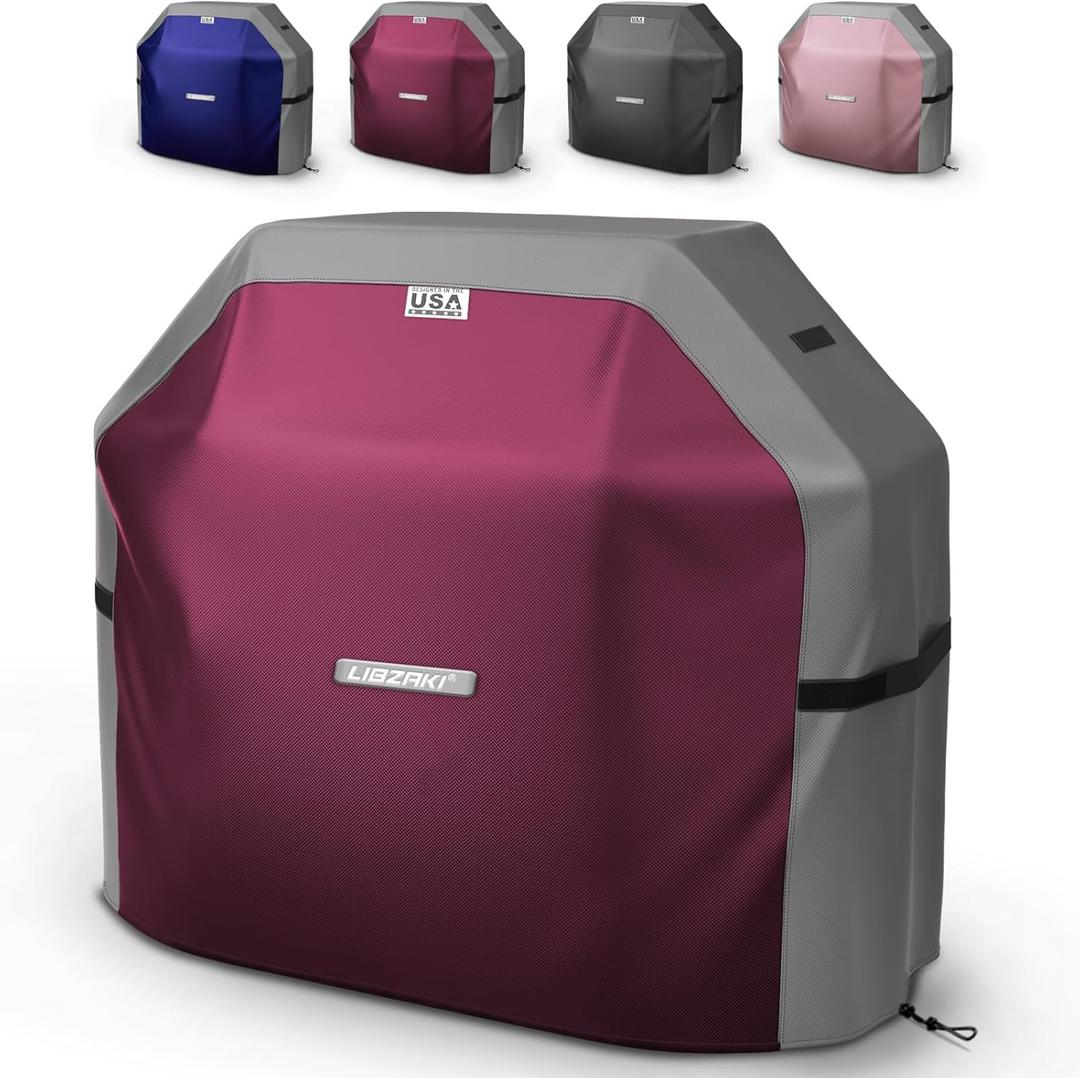 LIBZAKI Grill Cover 420D Waterproof, Weather Resistant, Rip-Proof, Anti-UV, Fade Resistant, Gas Grill Cover for Weber, Char Broil, Nexgrill Grills, etc.72 inches-Fuchsia/ Gray