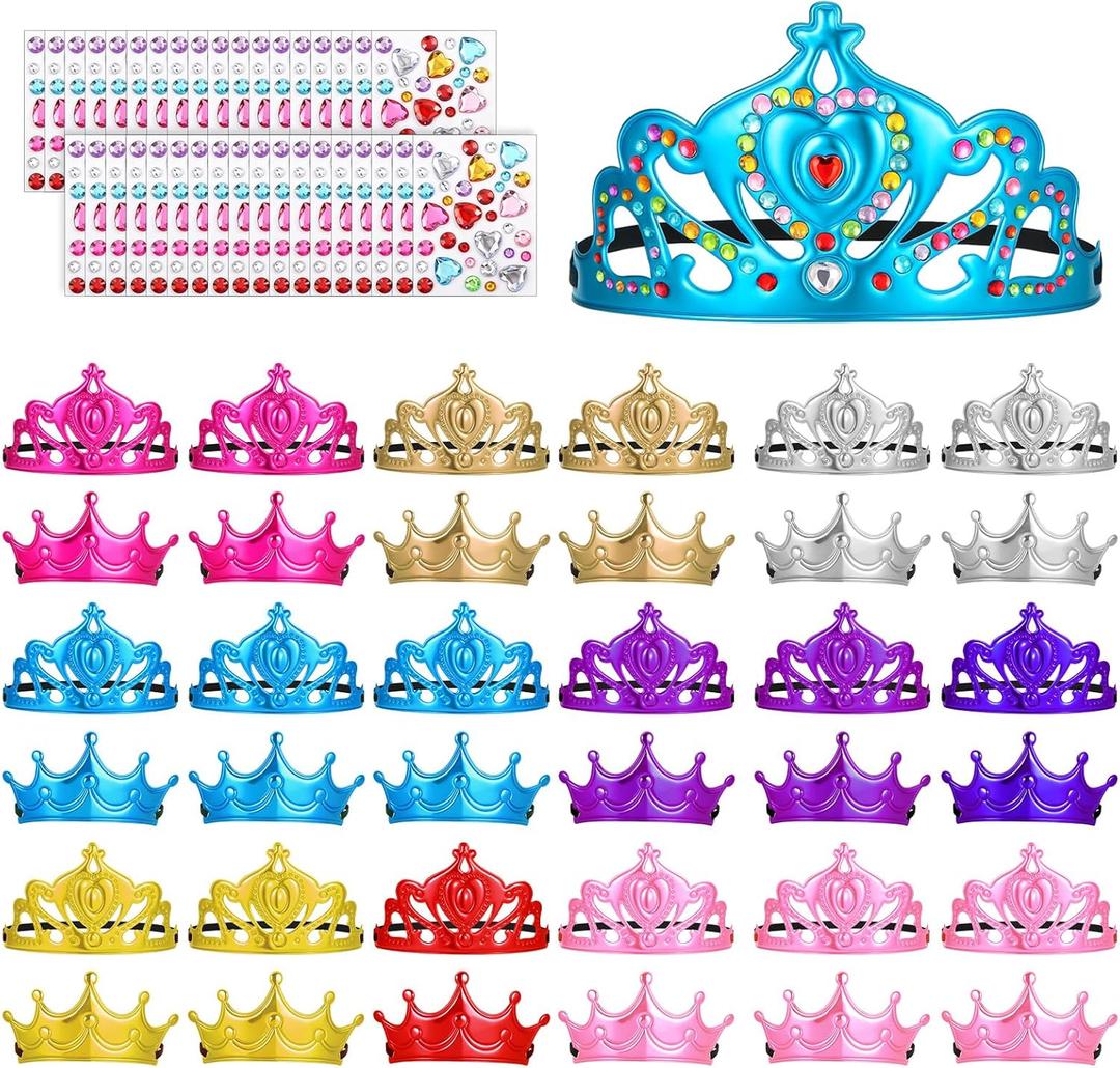 72 Pcs Foam Crowns Set, Multi-Color Princess Tiaras Crown with Crystal Diamond Stickers DIY Crown Party Favor Set for Birthday Parties, Role-Playing, Craft Classes (36 Crowns + 36 Stickers)