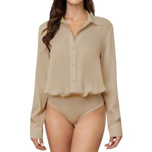TQD Women Button Down Bodysuit Long Sleeve Collared Shirt Satin Blouse Bodysuits Tops Business Casual Office Professional, Medium