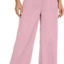 Women Office Wide High Waist Pants Loose Fit Elastic Waist Pleated Front Trousers for Work Casual (Medium Short, Pink)