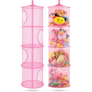 2Pcs Stuffed Animal Storage Foldable Stuffed Animal Net or Hammock Organizer, 4 Compartments Hanging Mesh Toy Storage Hammock for Kid Room Toys, Gloves, Hats, Socks（Pink）