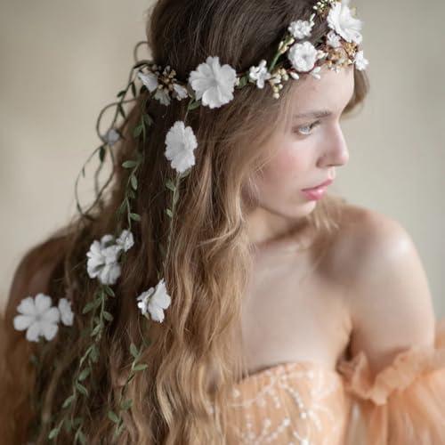 yuruyi Flower Crowns Wands for Wedding，Headband Hair Wreath Accessory Wedding Veil Flower Crown for Women Headpiece Floral Crown for Women with Wicker (White, Adjustable)