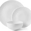 Pfaltzgraff Josephine 24-Piece Dinnerware Set, Porcelain Dish Set with Embossed Basket Weave Design, Service for 8, White Plates and Bowls Sets, Microwave and Dishwasher Safe