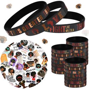 Cunno 74 Pcs Women History Month Party Favor International Women's Day Empowerment Gift Silicone Bracelets and Stickers Rubber Wristbands African American Patriotic Party Favors Bag Fillers