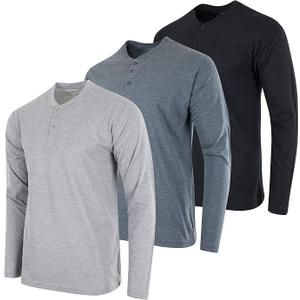 Real Essentials 3 Pack: Men's Cotton Short & Long Sleeve Henley T-Shirt Performance Activewear, Size 2L, 1XL