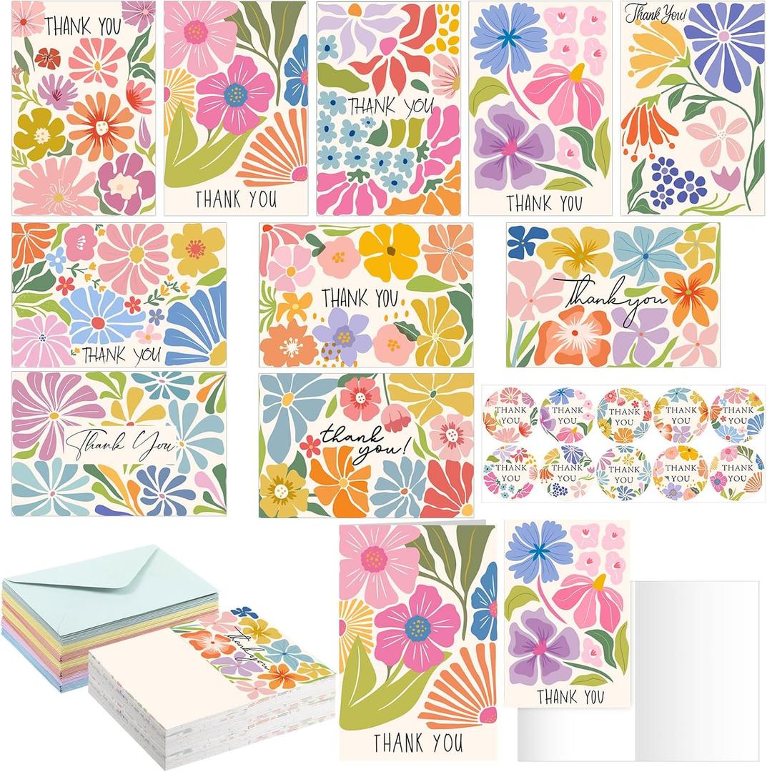 Motiskyy 50 Set Spring Floral Thank You Cards with Envelopes and Stickers, Appreciation Greeting Blank Note Cards for Bridal Birthday Teacher Baby Shower Employee Spring Party