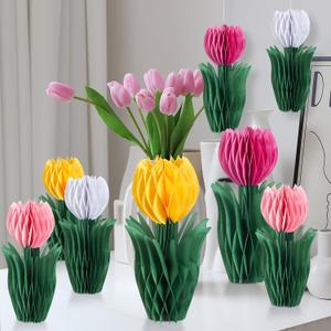 8PCS Flower Honeycomb Decoration Tulip Party Decor Tulip Honeycomb Centerpieces Decoration Pink Yellow Summer Flower Decorations for Home Office Mother's Day Decorations