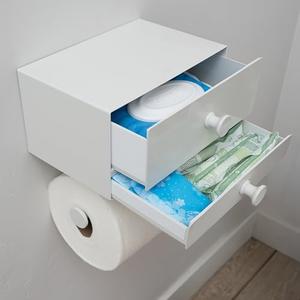 Modern Toilet Paper Holder with Storage Drawers - Toilet Paper and Wipes Holder for Bathroom - Aluminum TP Holder with Shelf and Drawers - Adhesive or Wall Screw Mounting - Withe/White Knobs
