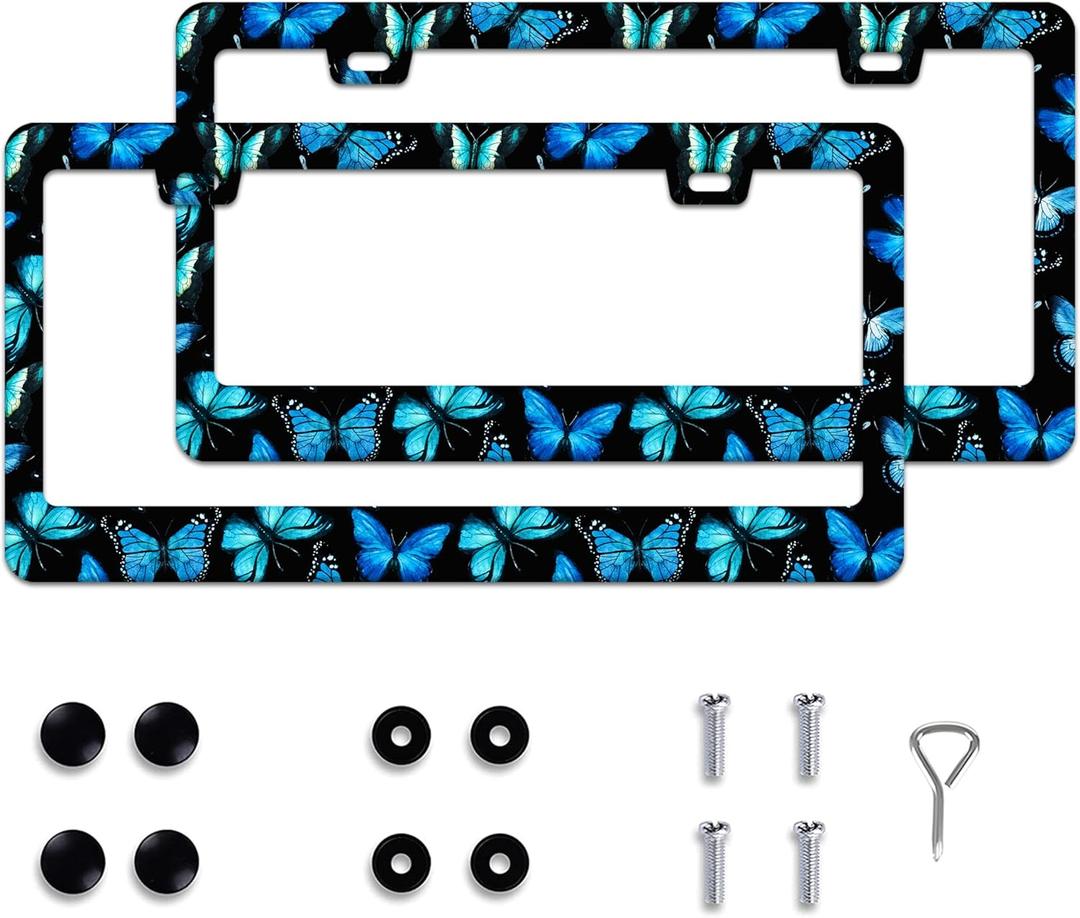 Butterfly License Plate Frames for Women Men 2 Pack Cute Blue License Plate Cover with Screws for Stainless Steel Car Decoration Accessories