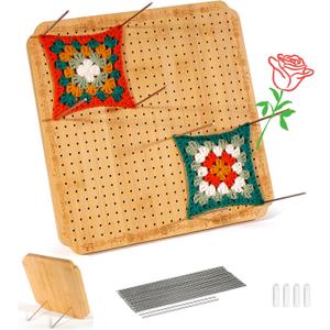CraftyManor 12.5 in Blocking Boards for Crochet Projects with Rose Pattern, Crochet Blocking Board with Pegs, Granny Square Blocking Board with 20 Stainless Steel Pegs, Bamboo