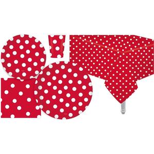 Serves 30 Complete Party Pack Red Polka Dot Party Supplies 9" Dinner Paper Plates 7" Dessert Paper Plates 9 oz Cups 3 Ply Napkins 2 Red Polka Dot Table Cover Size: 54" x 108"