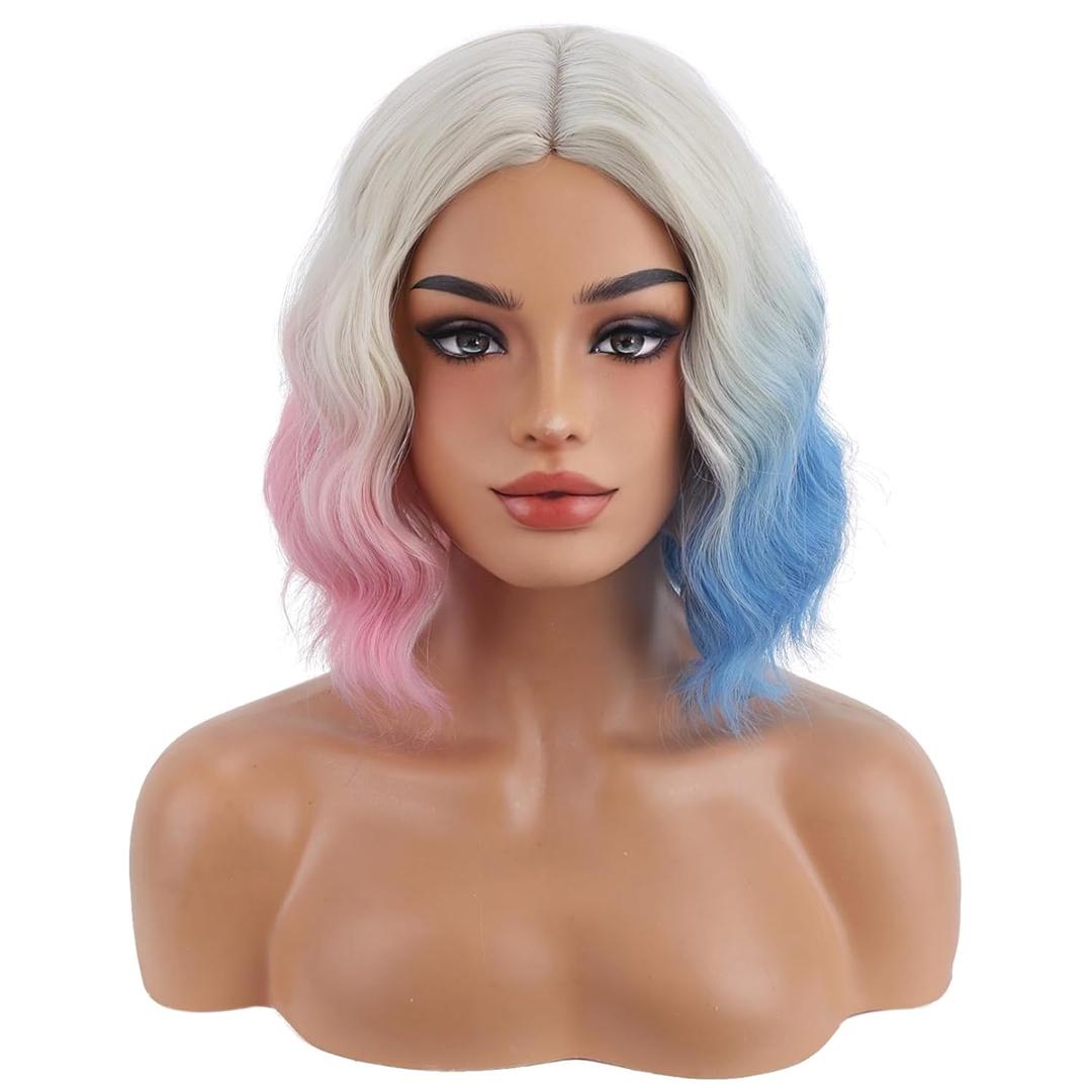 BERON Women Short Platinum Ombre Pink and Blue Side Part Wigs Girls Colorful Shoulder Length Heat Resistant Synthetic Wig for Cosplay Costume Party or Daily