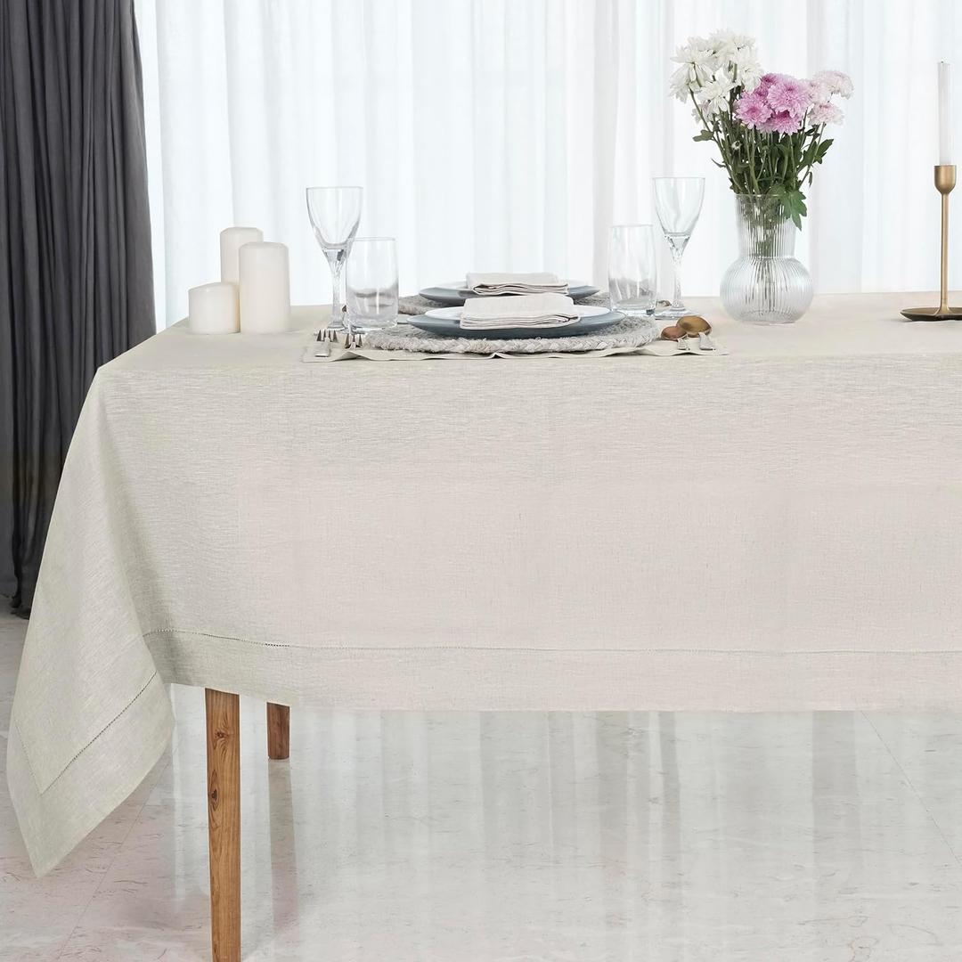 D'Moksha Homes Light Natural Linen Tablecloth 60 x 108 Inch - 100% Pure Linen Natural Table Cloth for Rectangle Tables - Classic Hemstitch, Machine Washable Tablecloth for Spring