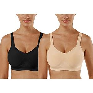 Vertvie Wirefree Bras for Women Seamless Full Cup Sports Bras Plus Size Bralette Adjustable Workout Bra for Everyday Wear(2 Pack-Black+Khaki,M)