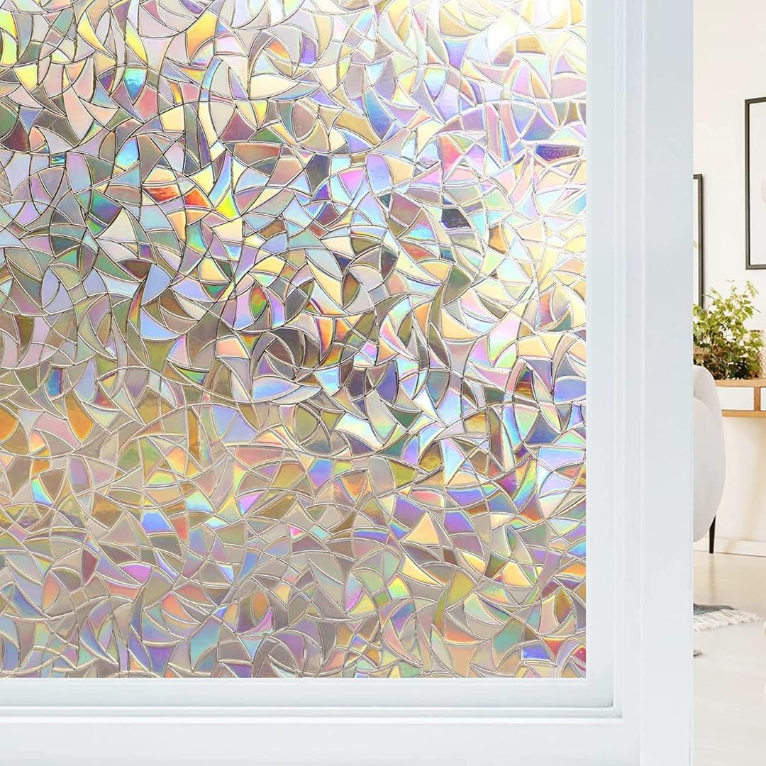 Haton Window Privacy Film, Stained Glass Rainbow Film Decorative Window Clings, Static Cling Sun Blocking Stickers Decals Coverings Tint for Home Heat Control, Non-Adhesive 17.5" x 118.1" (Clear)