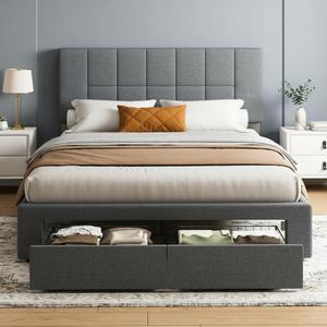 Marsail Queen Bed Frame with 2 Storage Drawers - Upholstered, Adjustable Headboard,6"-12" Mattress Fit, 1300 lbs Capacity, 12-Leg Sturdy Wood Construction, Easy Assembly, Dark Gray
