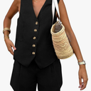 PRETTYGARDEN Women's Summer 2 Piece Outfits Sleeveless Matching Sets Button Down V Neck Vest Waistcoat and Pockets Shorts S