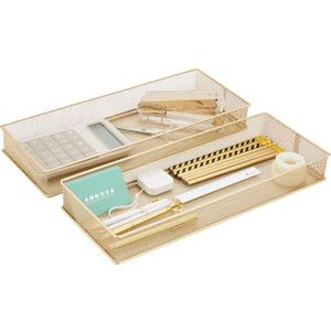 Annova Mesh Stackable Drawer Cabinet and Shelf Organizer Bins Storage Basket School Office Supply Holder Tray- Set of 2 (Gold, 6x15x2 Inch)