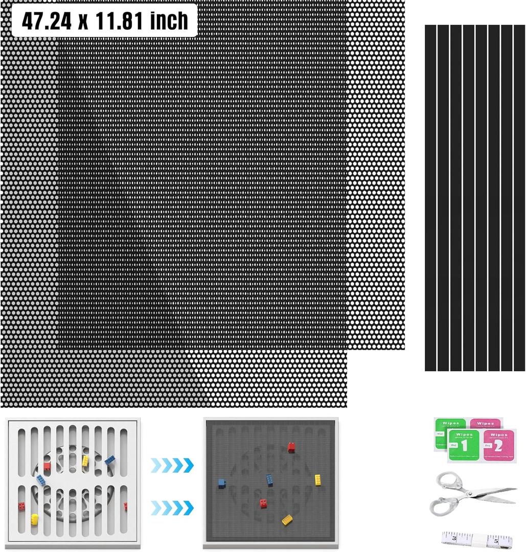 2 Pack Customizable Floor Vent Covers - 1200x300mm Magnetic PVC Vent Mesh for Wall, Ceiling & Home Floor - DIY Air Vent Filters with Extra Toolkit to Catch Debris, Hair & Insects - Black