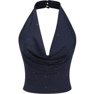 SOLY HUX Women's Halter Top Sparkly Sexy Backless Party Crop Tops Club Rave Festival Outfits Black (Large, Dark Blue)
