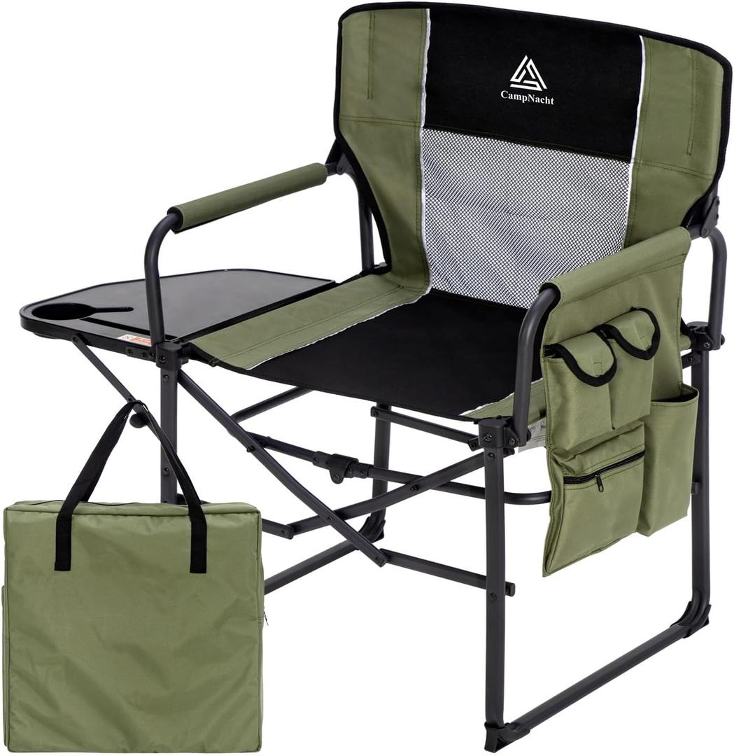 Wide Folding Director Chair with Table, Outdoor Camping Chair for Adults with Cup Holder Load 330 Lbs, Portable Chair for Outside with Carry Bag for Patio, Green Wide Folding Director Chair with Table, Outdoor Camping Chair for Adults with Cup Holder Load 330 Lbs, Portable Chair for Outside with Carry Bag for Patio, Green