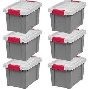 IRIS USA 5 Gallon Lockable Storage Totes with Lids, 6 Pack - Gray, Heavy-Duty Durable Stackable Containers, Large Garage Organizing Bins Moving Tubs, Rugged Sturdy Equipment Utility Tool Box