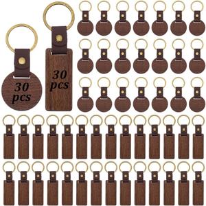 60 PCS Leather Wood Keychain Blanks Unfinished Wooden Keychains Rectangular and Round Shape Walnut Wood Keychains Blanks for Engraving DIY Crafts Personalized Gifts
