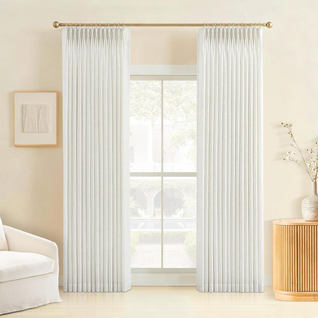 Pinch Pleated Linen Curtains 84 Inches Long, Light Filtering Curtains for Living Room, Farmhouse Window Curtains for Bedroom, Modern Drapes with Hooks and Rings, White, 2 Panels Set