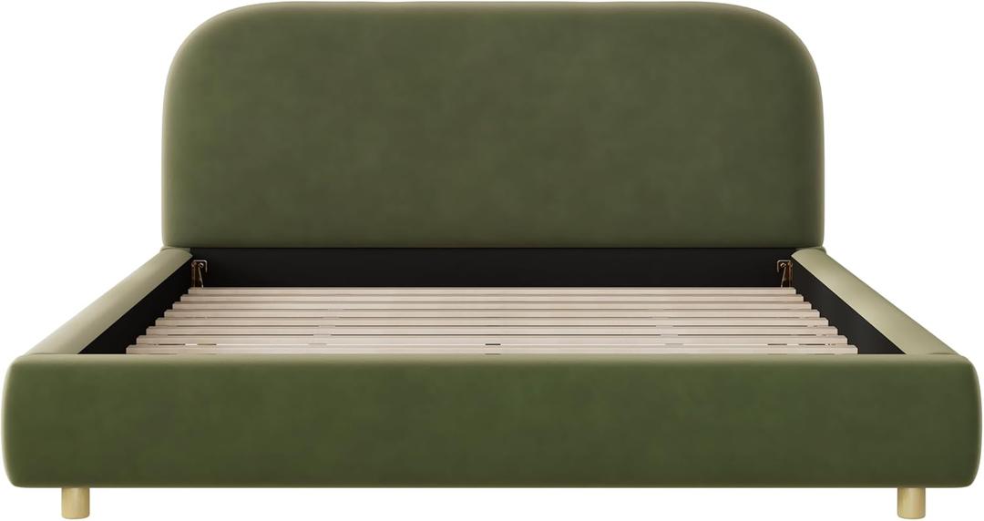 Modern Velvet Fabric Upholstered Platform Bed Frame with Curved Headboard Modern Stylish Design, No Box Spring Needed Comfortable Durable Bedroom Furniture Easy Assembly (Queen+Olive Green)