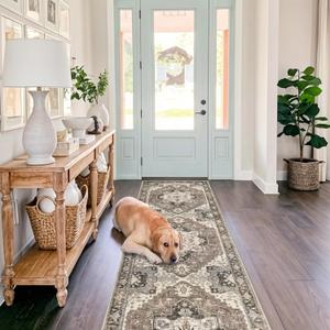 Washable Hallway 3x10 Runner Rug - Kitchen Runner Rug Stain Resistant Farmhouse Carpet Vintage Soft Indoor Entryway Rugs Non-Slip Rubber Backing Floor Mat for Bathroom Living Room Bedroom (Beige,3x10)
