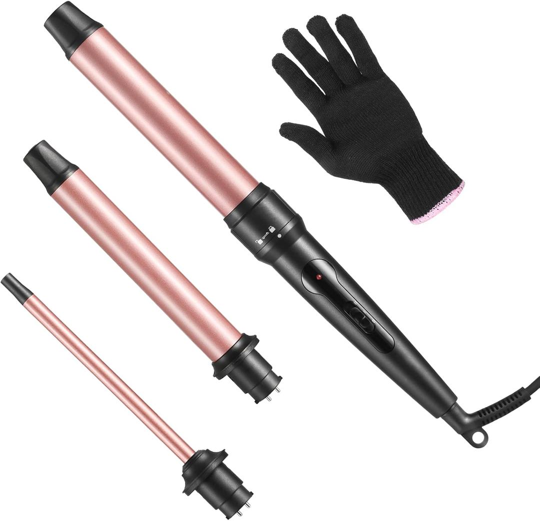 Curling Iron Wand, 3 in 1 Curling Wand Set with Ceramic Barrel for Long/Medium Hair, 0.35"-1.25" Interchangeable Hair Curler Wand, Dual Voltage, Includes Glove & Clips (Gold)