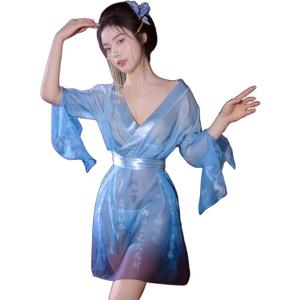 SINMIUANIME Women's Sexy Cosplay Japanese Kimono Traditional Style Yukata Printed Pajamas Costumes (6456blue)